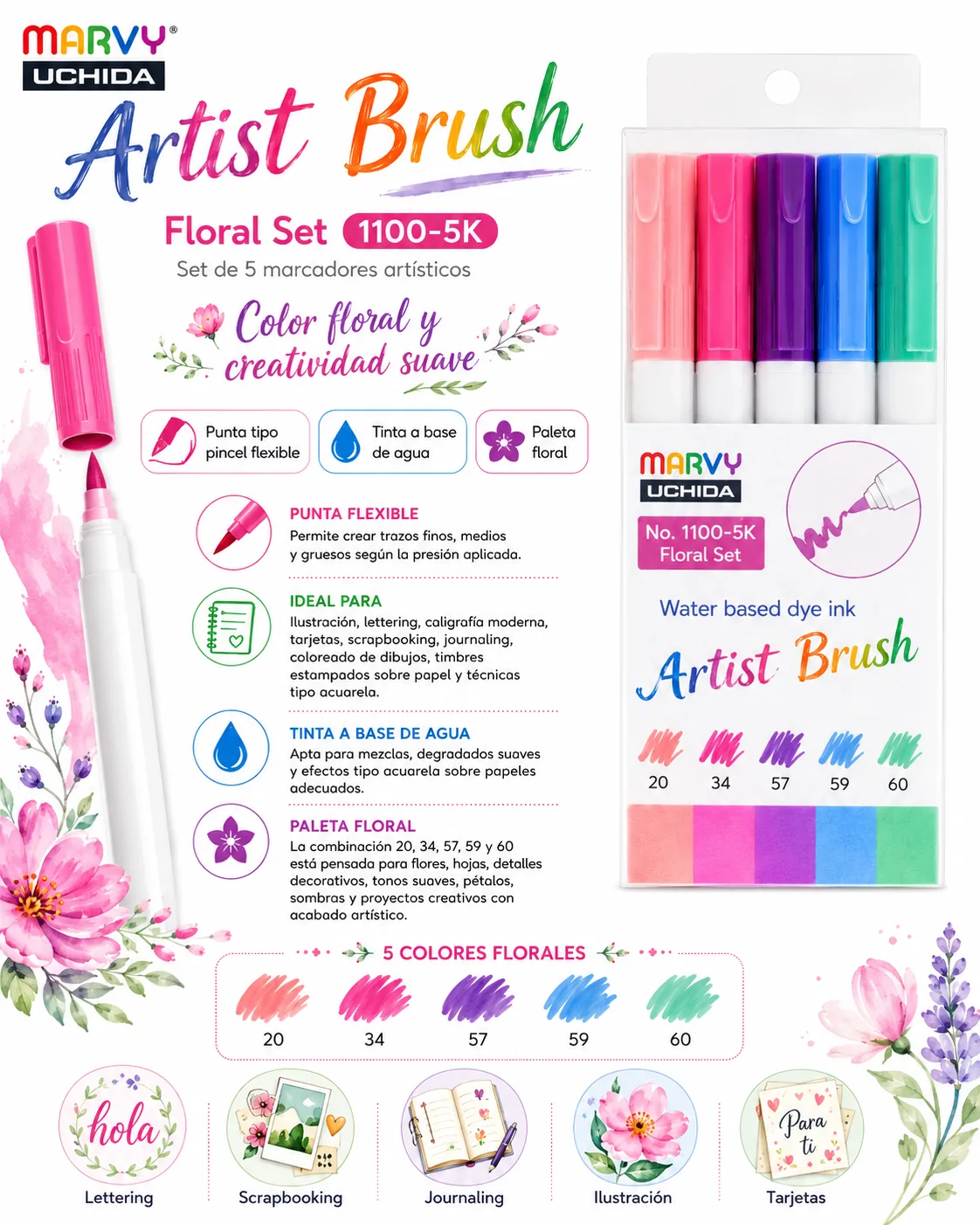 Set Brush Floral 5 Unidades