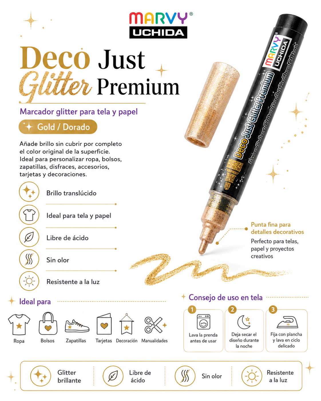 Marcador Tela Glitter Dorado